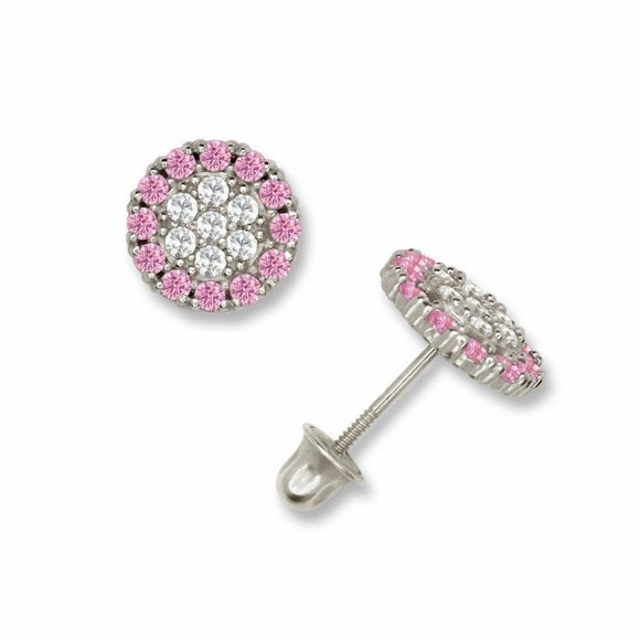 14K Solid White Gold 7mm Round Screw Back Micro Pave Earrings Set with Stones - Picture 6 of 7